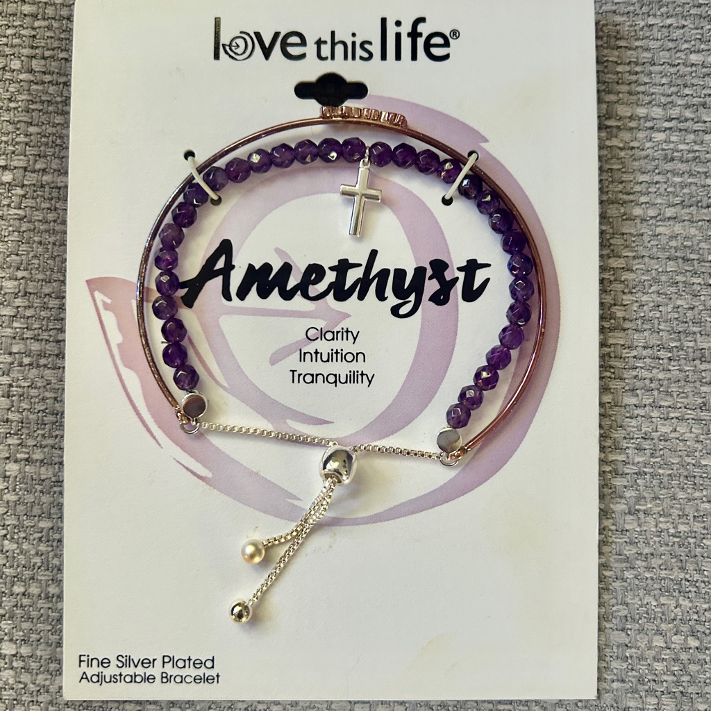 Silver-Plated Amethyst Adjustable Bracelet With Cross And The Word Blessed